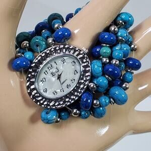 L & J Beaded Statement Wristwatch Multi Strand Blue Green Silver Tone